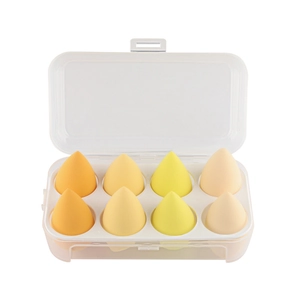 8-piece set of orange and peach teardrop makeup sponges in a clear matte storage box