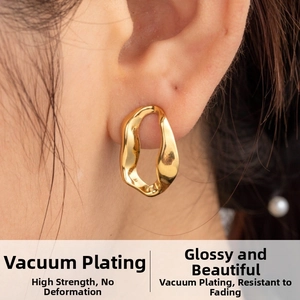 Close-up of gold-plated vacuum-finished stainless steel earrings worn for a sleek look