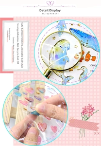 Detail of transparent ocean stickers with gold glitter and marine life epoxy designs