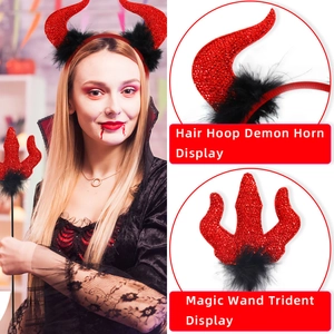 Halloween red devil horn headband and glitter trident wand set with black feathers for kids