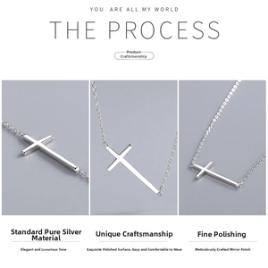 Detailed views of polished S925 sterling silver cross necklace with mirror finish