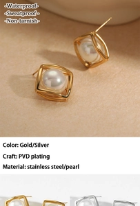 Detailed close-up of PVD gold plated stainless steel square earrings with inset pearls