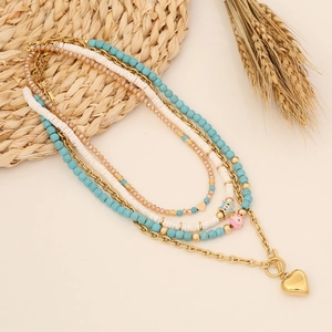 Bohemian Layered Necklace Stainless Steel Copper Turquoise Shell Beaded Heart Star Evil Eye Pendant Jewelry For Women