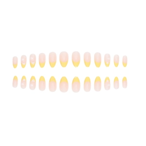 French almond fake nails with yellow heart and star designs on 24pcs press-on nail set