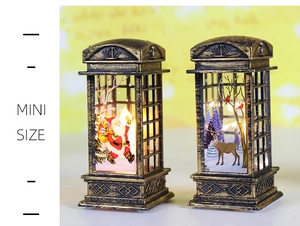 Mini vintage Christmas lanterns in telephone booth style with Santa and elk figurines