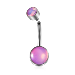 Polished silver stainless steel belly ring with pink iridescent opal stones in a clean view