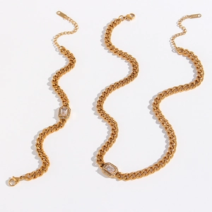 18K gold plated stainless steel Cuban chain necklace and bracelet set with zircon stones
