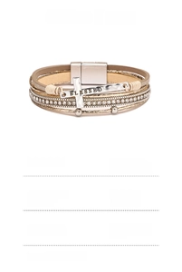 Macro shot of multi-layer PU leather bracelet with BLESSED engraved cross and magnetic clasp