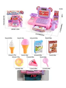 Detailed view of kids' supermarket cash register toy set with size specs and accessories