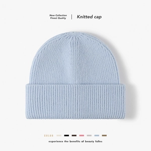 Women's Solid Color Double Cuff Ribbed Beanie Hat Winter Warm Wool Knit Skull Cap For Outdoor Daily Wear