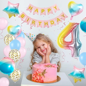 Macaron pastel party decoration set with huge number 4 balloon and birthday banner