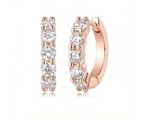 Detailed view of rose gold hoop earrings with sparkling round cubic zirconia stones