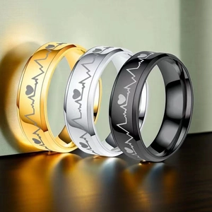 Detailed view of three stainless steel rings in gold, silver, and black with heartbeat patterns