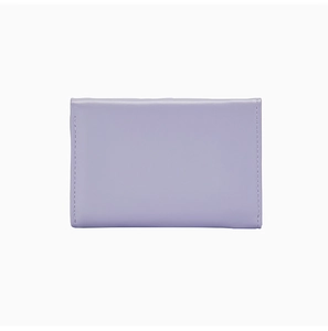 Close-up of lavender leather wallet with detailed stitching and soft textured surface