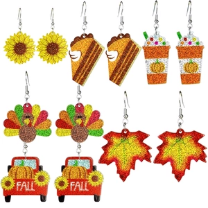 Thanksgiving Dangle Earrings Acrylic Glitter Pumpkin Turkey Maple Leaf Autumn Festival Jewelry For Women