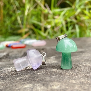 Natural crystal mushroom pendants in green jade and purple amethyst with silver clips
