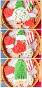 Macro detail of sweater, stocking, and tree shaped cookies with festive embossed textures