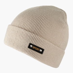 Minimalist beige ribbed knit beanie with SPORT leather patch and silver metal rivets