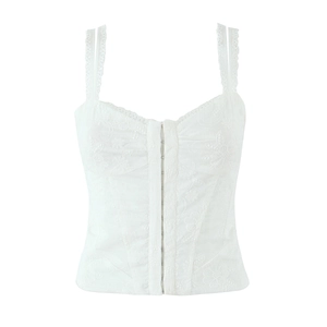 Women Sexy White Lace Embroidery Camisole Bustier Slim Fit Hook And Eye Closure Fishbone French Retro Strappy Top