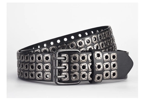 Detail of a punk PU leather belt featuring three rows of square metal eyelets and a triple-prong buckle
