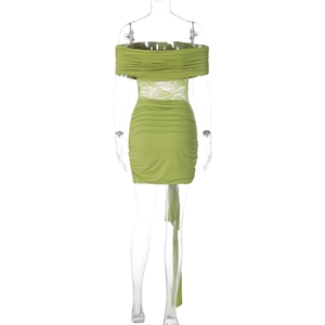 Rear view of green off-shoulder lace dress featuring ruched body and side ribbon detail