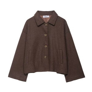 Women street fashion brown short wool blend coat with minimalist urban casual style design