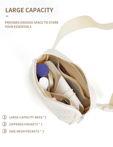 Detail of cream quilted belt bag interior showing mesh pockets and spacious main compartment