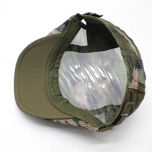 Detail view of the breathable camouflage mesh and inner structure of the peaked cap
