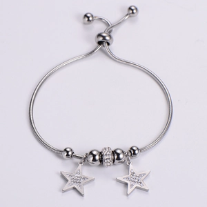 Adjustable silver stainless steel bracelet with sparkling rhinestone star charms