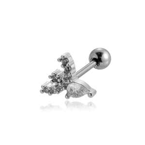 Detailed view of silver stainless steel cartilage stud with pear-cut cubic zirconia and ball back