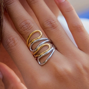 Irregular Line Multi Layer Spiral Two Tone 18K Gold Silver Stainless Steel Waterproof Hypoallergenic Band Ring For Women