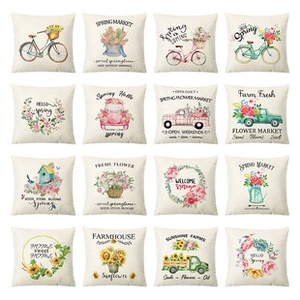 Grid view of sixteen spring farmhouse style pillow covers with floral motifs and text