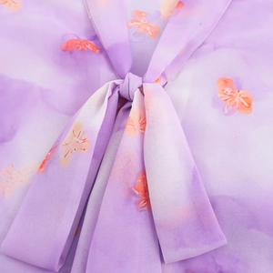 French romantic chiffon top with purple butterfly print and elegant bow tie neckline