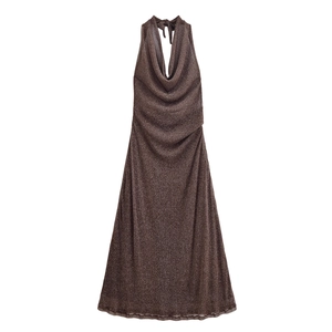 Abito Maxi Halter Con Scollo A Cappuccio Metallizzato Luccicante Schiena Scoperta Vestibilità Aderente Elegante Festa Sera Cocktail