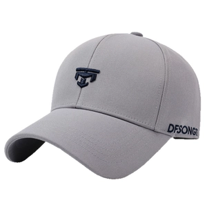 Classic grey baseball cap with navy blue arrow embroidery and breathable texture