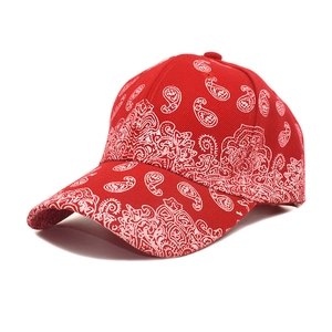 Close-up of red paisley print on cotton baseball cap with curved brim and twill texture