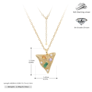 Detailed sizing of S925 sterling silver gold necklace with colorful zircon triangle pendant