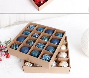 Detail of 16-piece set of assorted matte and glitter Christmas tree ornaments in a box