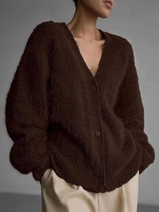 Women Plus Size V Neck Knit Cardigan Sweater Faux Mink Fur Texture Button Up Long Sleeve Loose Casual Outerwear