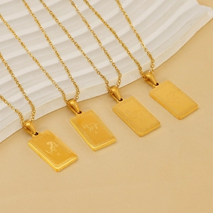 Zodiac Buddhist Guardian Pendant Necklace 18K Gold Plated Stainless Steel Rectangle Charm Amulet Jewelry For Men Women