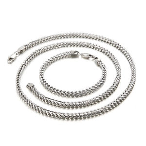 Polished silver stainless steel chain necklace and bracelet set for men on white background