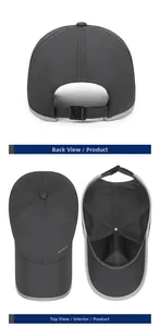 Detailed views of the back, top, and inner lining of a dark grey sports baseball cap