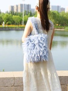 Sweet light blue ruffle tulle shoulder bag with pleated lace details for women