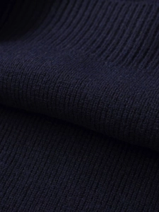 Close-up of the dark blue ribbed knit fabric showing detailed vertical texture and weave