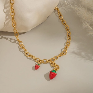 Strawberry Pendant Necklace 18K Gold Plated Stainless Steel Waterproof Sweet Fruit Jewelry For Women Vacation Style