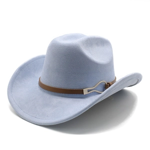 Light blue faux suede cowboy hat with brown leather band and gold buckle on white background