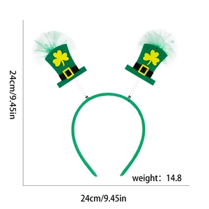 St. Patrick's Day headband with green mini top hats and clover decor, 24cm size