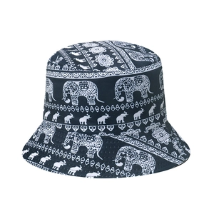 Chapeau bob à motif éléphant ethnique en toile bleu foncé au style bohème