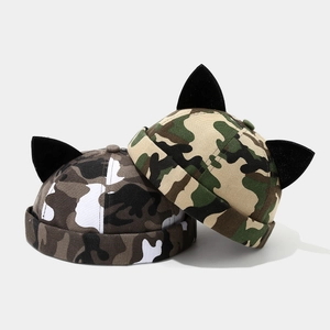 Camouflage docker cap with cute cat ears in green and grey camouflage patterns
