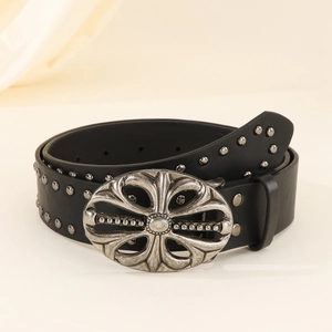 Punk black leather belt featuring silver cross buckle and multi-row metal rivets